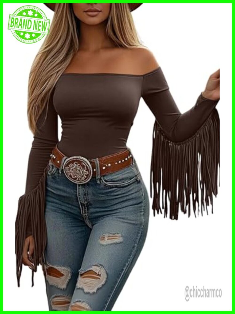 Off Shoulder Fringe Crop Top Long Sleeve Western Cowgirl Tassel Blouse